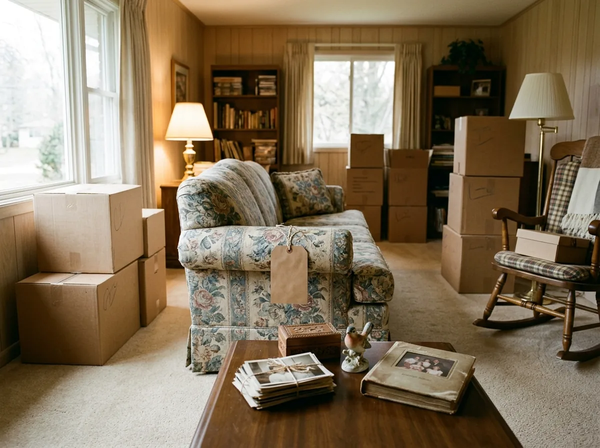 Older couple's living room mid-downsize with a sofa tagged for donation, packed boxes and a few pieces set aside to keep