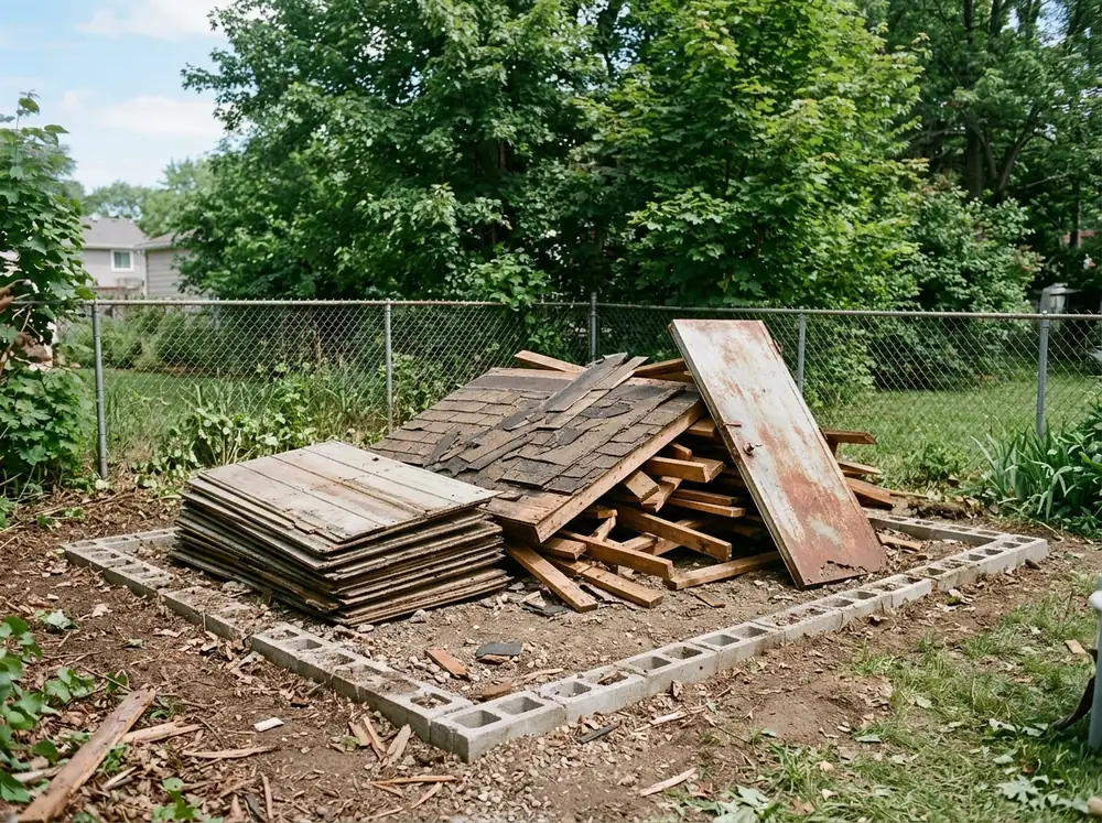Pile of weathered shed siding, shingled roof boards and framing lumber beside a bare concrete-block footing in a backyard
