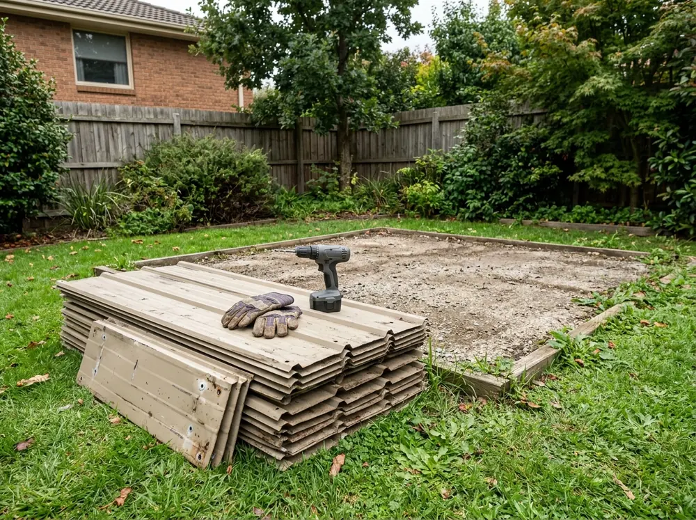 Dented metal shed wall panels and roof sheets unbolted and stacked flat on the grass beside a bare gravel pad