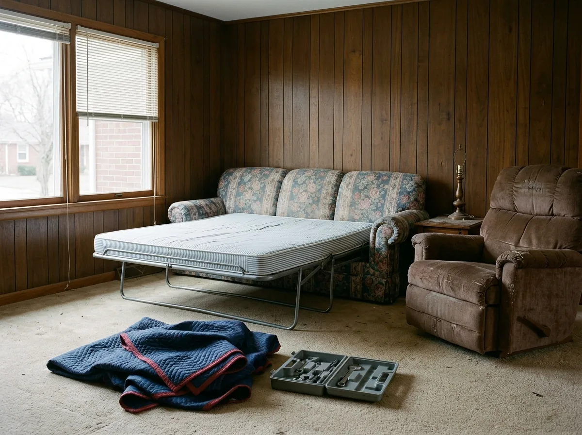 Old sleeper sofa with its fold-out bed half open next to a worn brown recliner in an emptied den