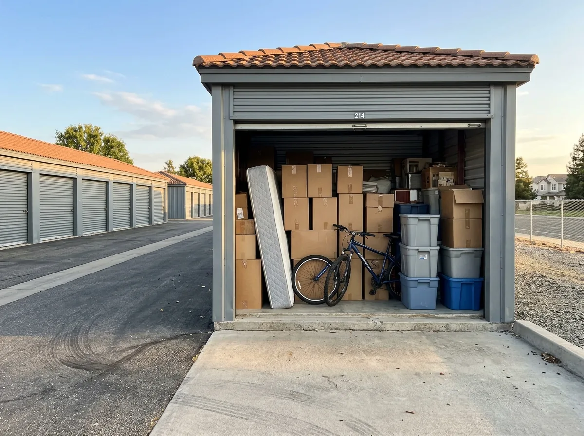 Open roll-up door on a self-storage unit packed with boxes, a mattress, a bicycle and stacked plastic bins