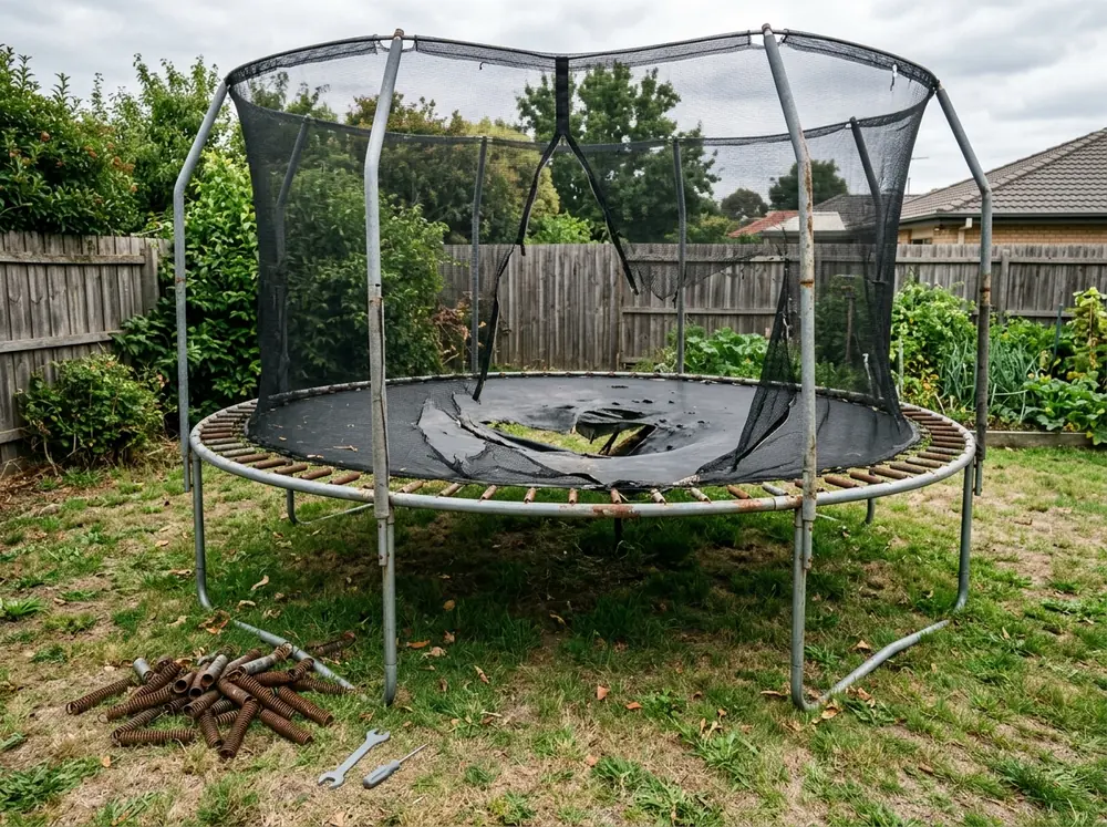 A round backyard trampoline with a torn black mat and a sagging safety net, the steel frame and springs exposed
