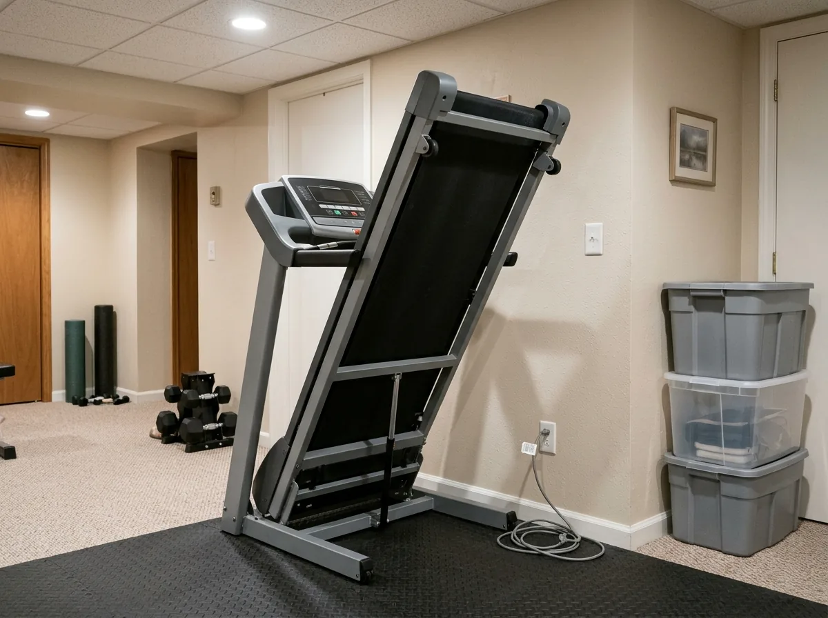 Large gray treadmill with its deck folded up, unplugged in a carpeted basement home gym next to a stack of storage bins