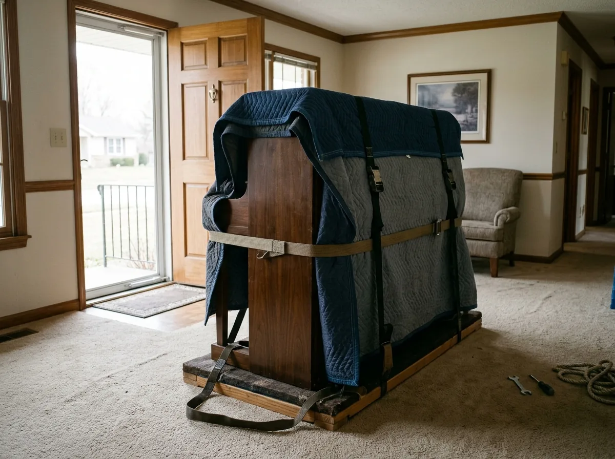 Tall dark wood upright piano strapped to a padded piano board in a living room, the front door open behind it