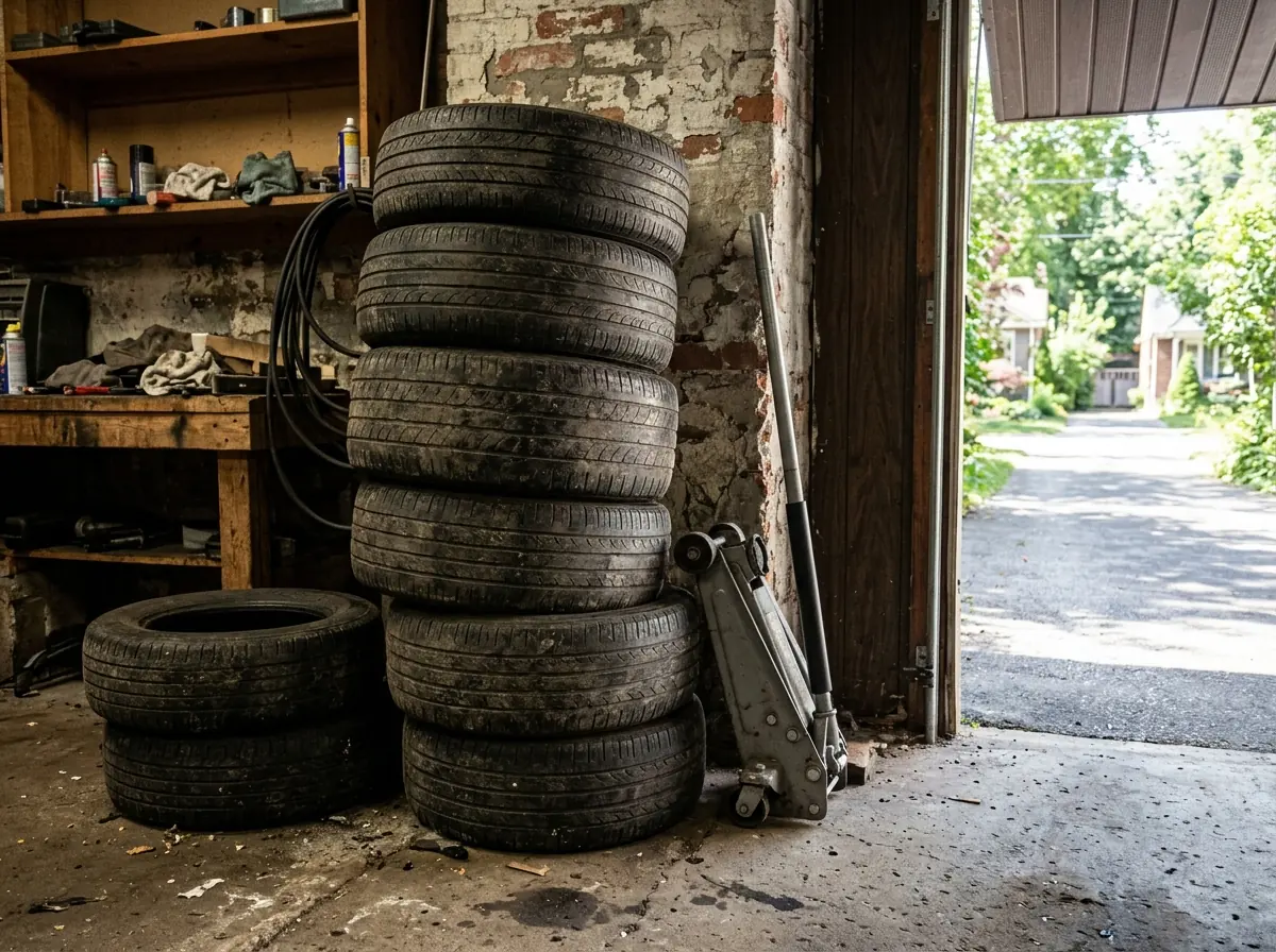 Stack of worn car tires without rims leaning against a garage wall beside a rolling floor jack