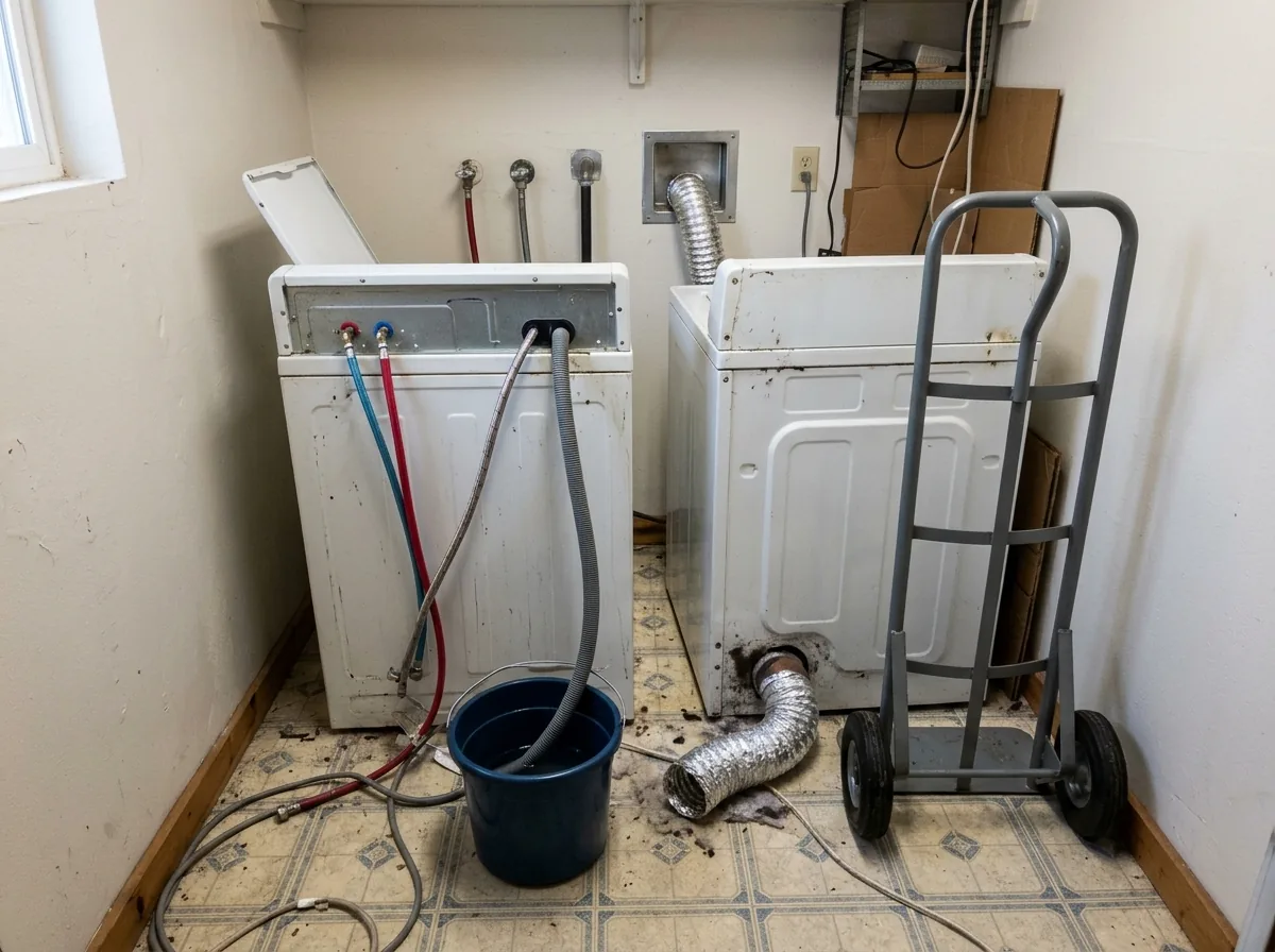 An old white top-load washer and matching dryer pulled out from the wall of a small laundry room, hoses and dryer vent disconnected