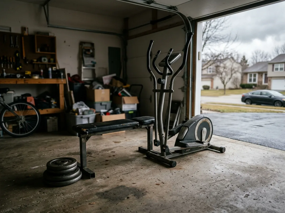 Old elliptical trainer and a flat weight bench pushed together by an open garage door, ready to load