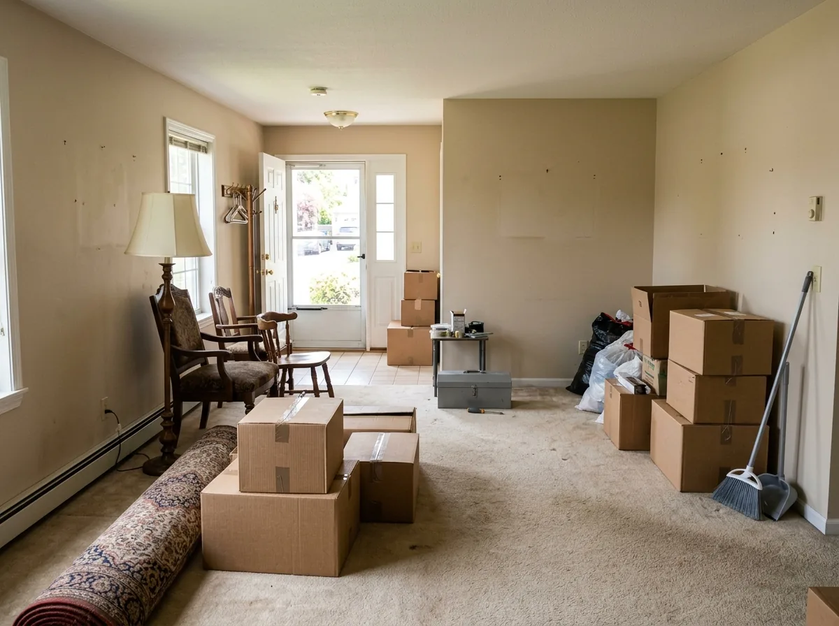 A living room in the middle of a whole-house cleanout, with stacked cardboard boxes, a rolled rug and a few chairs pushed toward the front door