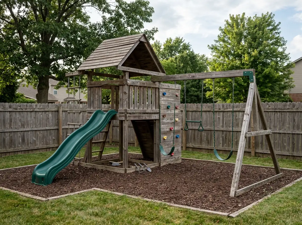 A large wooden backyard playset with a fort, green slide, swing beam and climbing wall, the wood gray and weathered