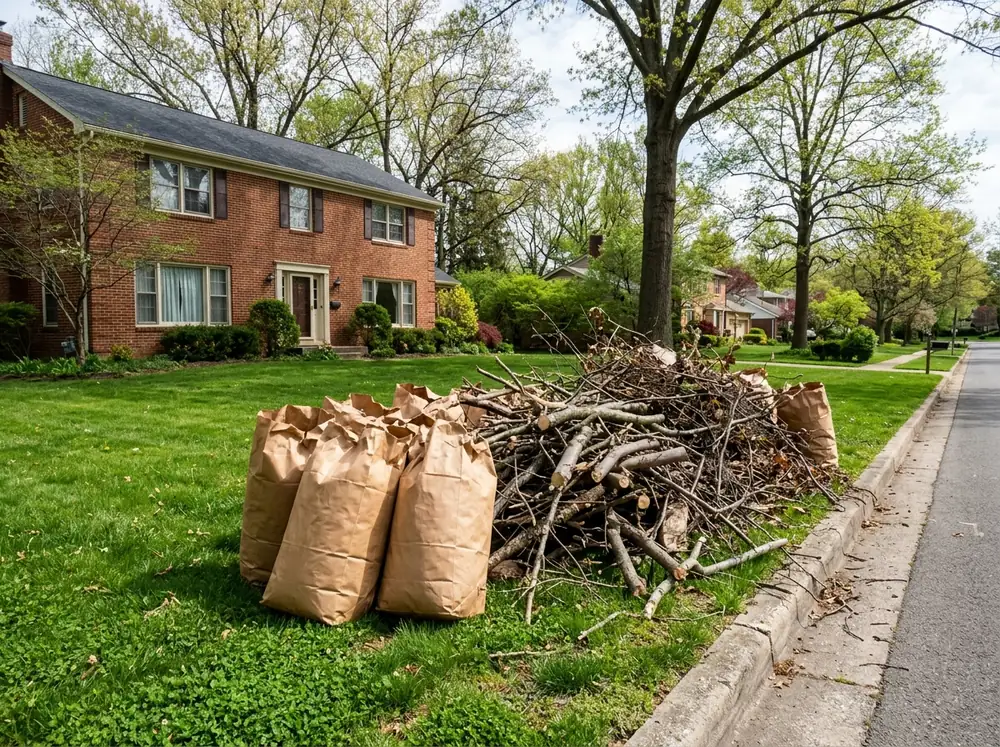 Pile of cut tree limbs, brush and brown paper leaf bags at the edge of a front yard next to the street