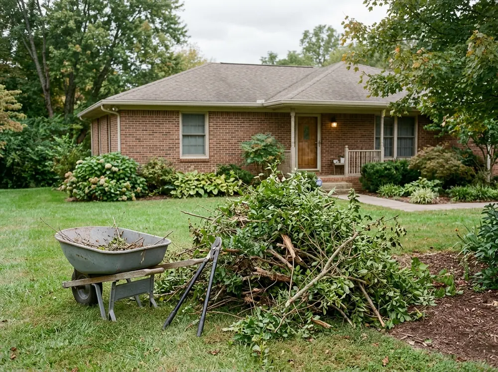 A waist-high pile of cut branches and brush at the edge of a lawn, with a wheelbarrow and loppers beside it